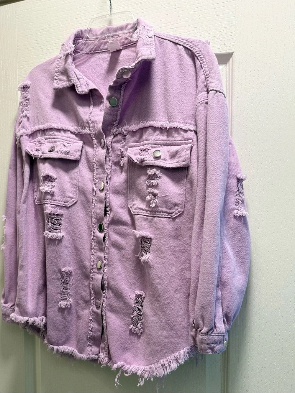 Lavender Distressed Jean Shacket - Picture 2 of 5